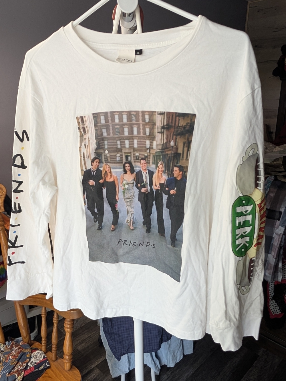 FRIENDS White Long Sleeve Tee with Cast Photo and Perk Sleeve Art